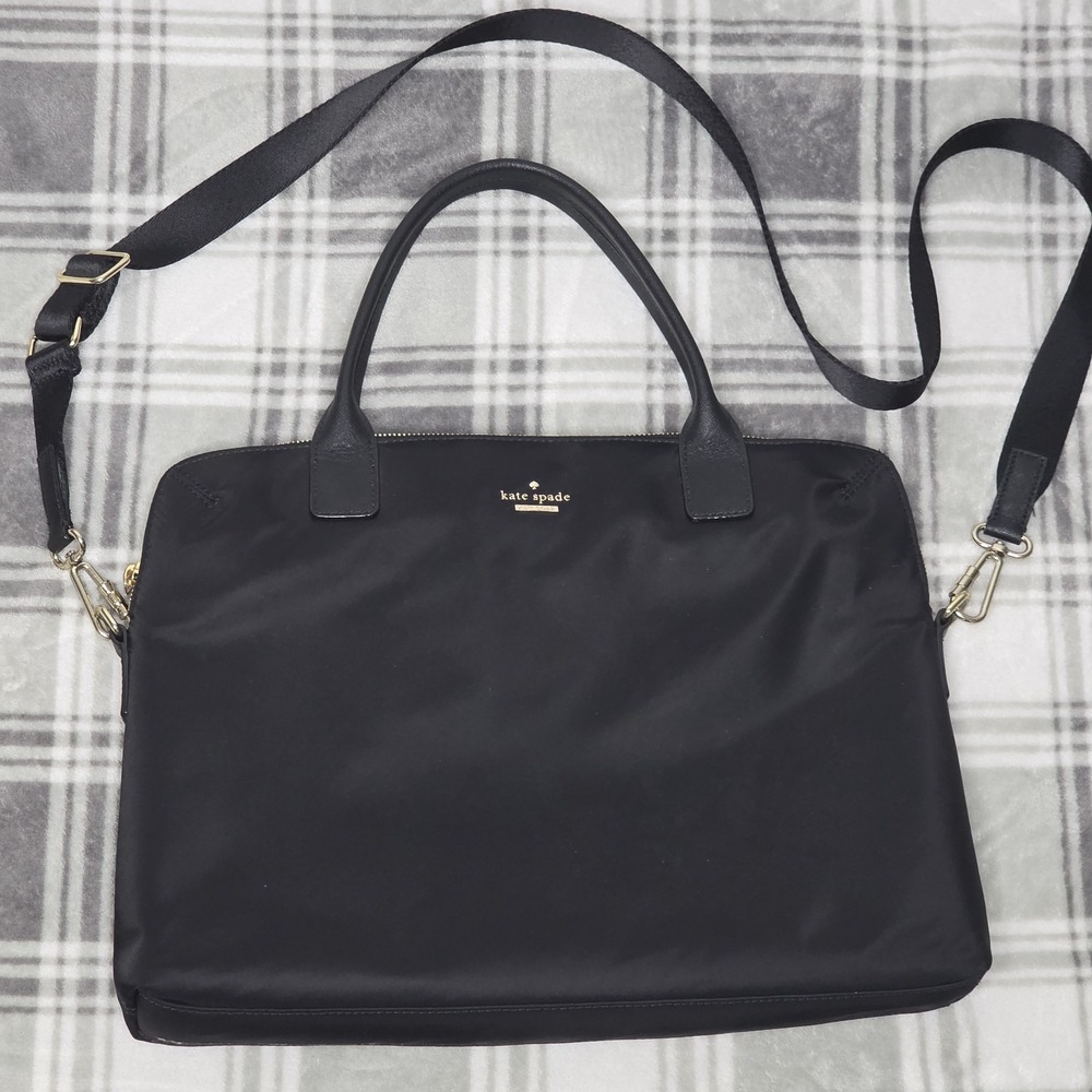 Kate Spade Black Nylon Laptop Tote Crossbody Detachable Strap Gold Hardware Chic